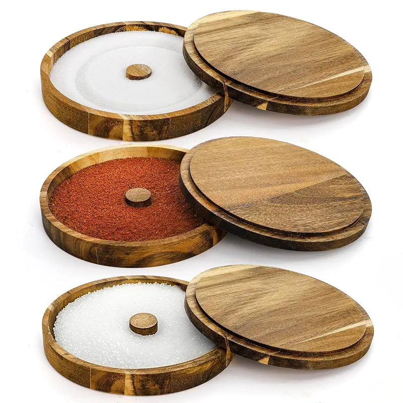 3 Pieces Margarita Salt Rimmer Set, Acacia Wood | Glass Rimmers with Lids, Stackable Bar Rimmer Tray Spice Sugar Container for Cocktail, Home Bar, Glass up to 5.5''D