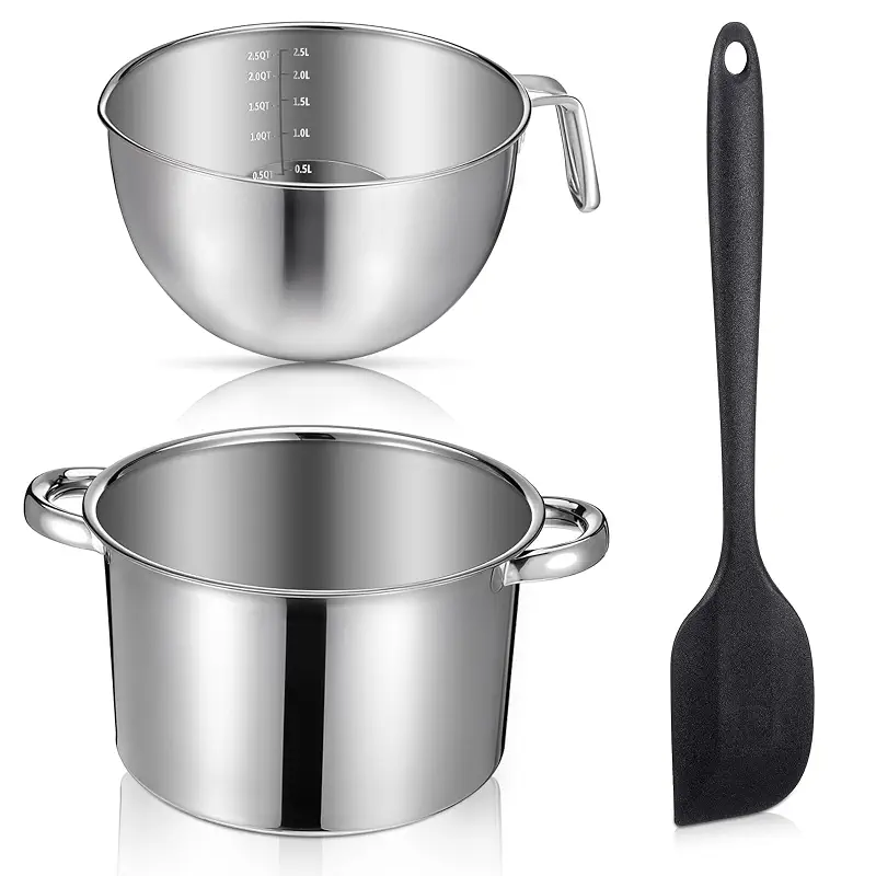 Double Boiler Pot Set, Include 2500ml/2.3QT Mixing Bowl and 4000ml/3.63qt Stainless Steel Pot, Silicone Spatula, For Candy, Soap Wax Candle Making Supplies, Induction Safe