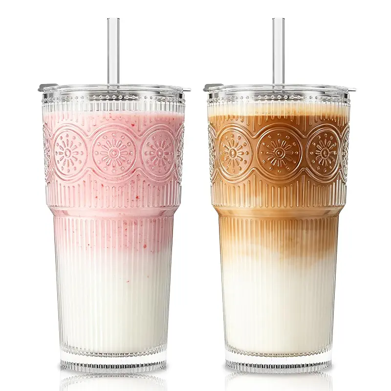 SoulTimes 20oz Ribbed & Floral Glass Tumbler with Lid and Straw – Iced Coffee Glasses Cups for Smoothie, Matcha, Juice, Water etc. Leakproof and Reusable Glassware Drinking for Travel To Go [2Pcs]