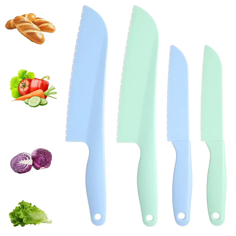 4 Pack Lettuce Knife 11/8.5" Plastic Cake Knifes to Prevent Browning Serrated Kitchen Cutter for Cutting Fruits, Cakes and Bread Dishwashable Safe for Kids Nylon Cutters for Nonstick Pans (Green, S&L)