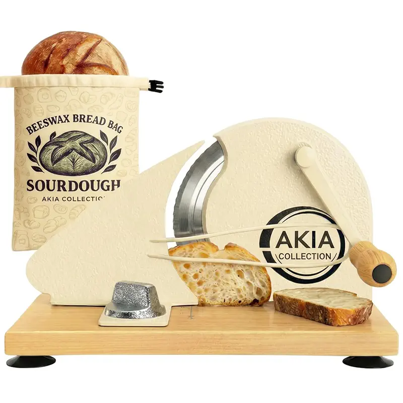 Manual Bread Slicer for Homemade Bread, Sourdough, Adjustable Thickness | beeswax storage bag included, Stainless steel blade, suction cup base, even slices up to 0.8 in, handles large round loaves