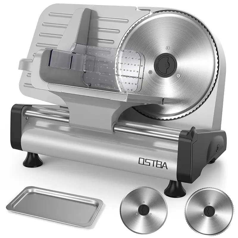 OSTBA Meat Slicer, Two 8.7” Stainless Steel Blades, 200W DC Motor | Adjustable Thickness 0–15mm, Food Tray & Hand Grip, Commercial Deli Food Slicer for Meat, Cheese, Bread, Veggies