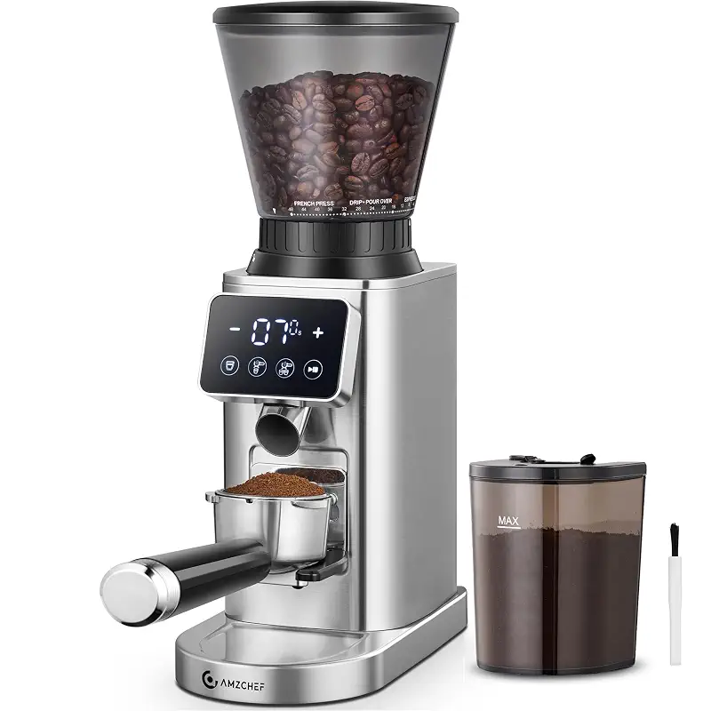 AMZCHEF Burr Coffee Grinder, 48 Settings, Less Static Mess, Metallic Silver | 40mm Burr, Low Retention, 0.5s LED Timer, Stainless Steel Body, Fit 51-54/58 Espresso Portafilter, Cleaning Brush Included
