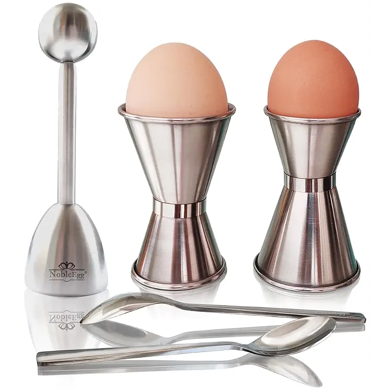 NobleEgg Egg Cups for Soft Boiled Eggs, All Sizes, Topper, Spoons, 18/8 Stainless Steel, Set for 2