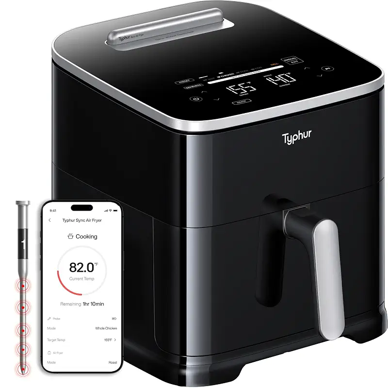 Typhur Sync 8QT AI Smart Air Fryer with Built-in Wireless Meat Thermometer | 9-in-1 XL Non Toxic Airfryer | PFAS-Free Ceramic Basket | 450°F Max | Fits 6lb Whole Chicken | Quiet & Dishwasher Safe | 120V