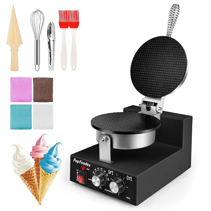 Commercial Waffle Cone Maker - 1200W Commercial Ice Cream Cone Maker w/ 8’’ Non-stick pan and 122–572°F Adjustable Temp, Waffle Cone Maker Machine w/Shaper Roller and Timer, for Restaurants