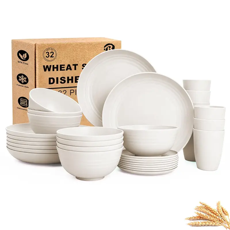 Plates and Bowls Sets for 8, Unbreakable & Lightweight Wheat Straw Dinnerware Sets 32 PCS, Microwave Safe Dishes Set for 8, Dinner Plate, Kitchen Cups and Bowls for Outdoor- White