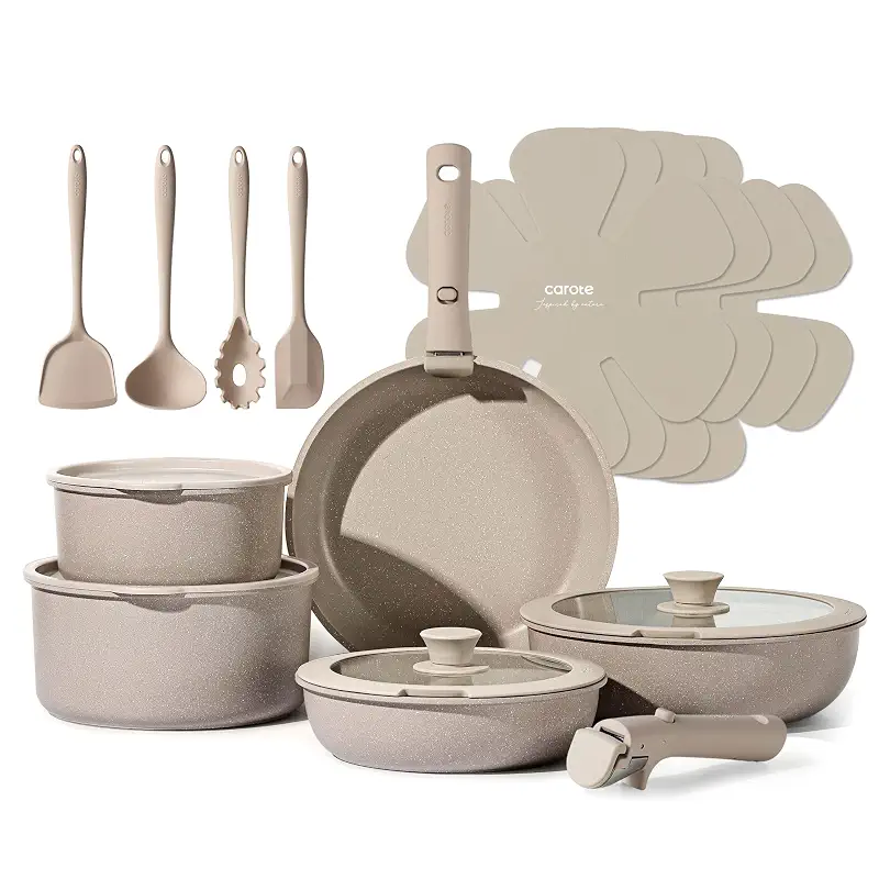 CAROTE 19pcs Pots and Pans Set Non Stick, Detachable Handle Cookware Sets | Ultra Nonstick, Space Saving, Dishwasher & Oven Safe, Non-Toxic Kitchen/Apartment/Camping/RV/ Traveling, Taupe