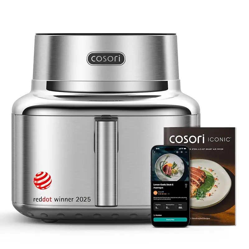 Cosori Iconic Stainless Steel Air Fryer, 6.5Qt, PFAS Free Ceramic Coating | Smart Control, Sleek Stainless Steel Structure, 5 Fan Speeds, Air Fry, Roast, Bake, Dry, Proof, Reheat, Chef-Crafed Recipes