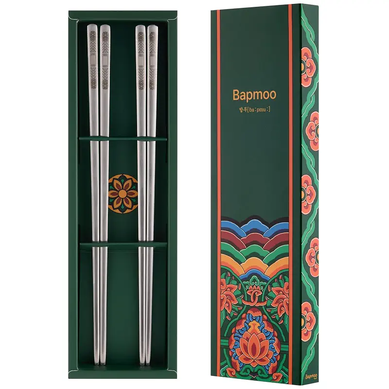 Korean Matte Silver Stainless Steel Chopsticks, 2 Pairs, Dancheong Engraved | Flat Korean metal chopsticks, made in Korea