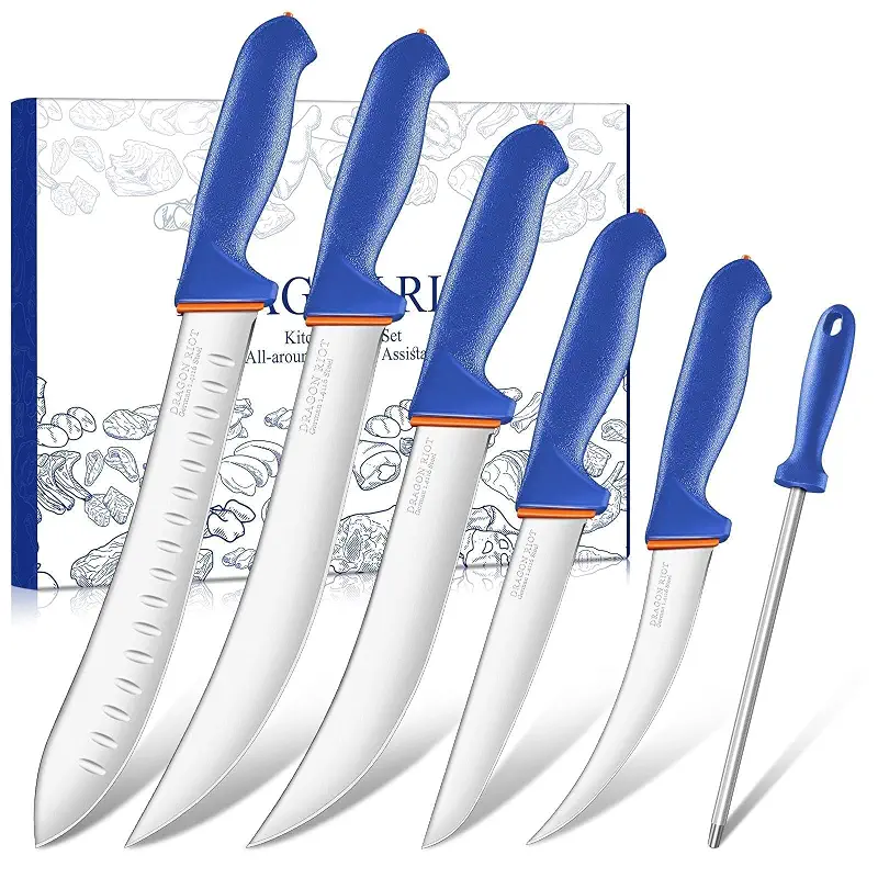 DRAGON RIOT 6-Piece Butcher Knife Set, Brisket Trimming Knives | German Stainless Steel, Non-Slip Handle, For Meat Processing and Everyday Kitchen Prep