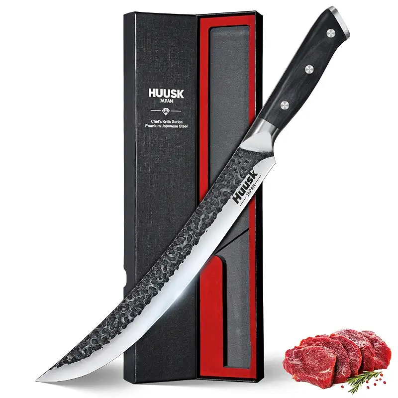 Huusk 10 Inch Butcher Knife for Meat Cutting, Brisket Slicing Knives | Japanese Curved Meat Carving Knives with Wood Handle for BBQ, Turkey, Ideal Grilling Gift for Men and Women