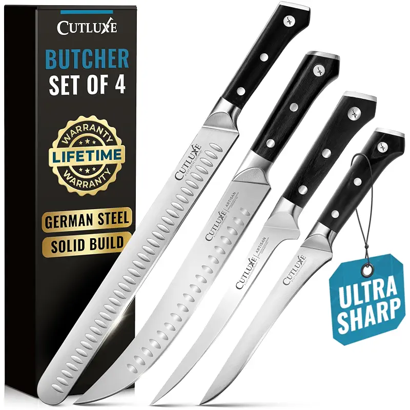 Cutluxe Butcher Knife Set – BBQ Brisket, Breaking, Boning & Fillet knives - Carving Knife Set for Meat Cutting, Ultra Sharp German Steel, Full Tang, Ergonomic Handles – Artisan Series