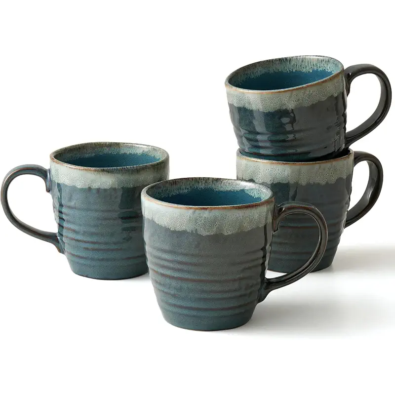 Ava Nord Reactive Glaze Stoneware Ceramic Coffee Mugs 4 Pack - 14oz - Blue | Lead-Free, Non-Toxic, Handcrafted, Coffee Mug Set for Tea Latte Cappuccino Cocoa Hot Chocolate, Microwave & Dishwasher Safe