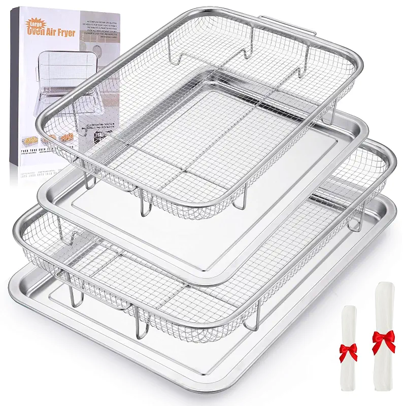 Air Fryer Basket for Oven, 2 Set Oven Air Fryer Basket and Tray with 60 PCS Parchment Papers, Stainless Steel Air Fryers Pan and Crisper Tray for for Baking Cooking and Frying(15.6"X11.6" & 13"X9.7")
