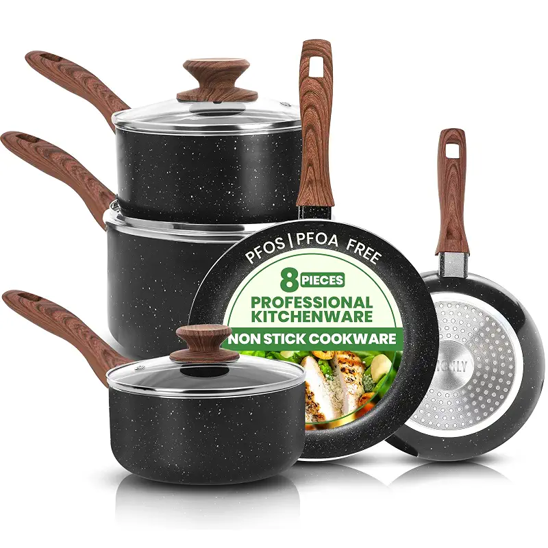 KICHLY Granite Pots and Pans Cookware Set 8 Piece PFOA-Free | 1 Qt 2 Qt 3 Qt Sauce pan with Lids, 11 inch 8 inch Frying Pan, Induction Compatible, Non-Stick Coating, Durable Cookware