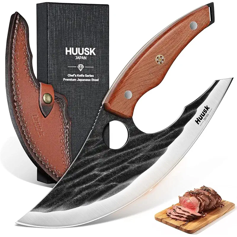 Huusk Japan Ulu Knife with Sheath - Knives for BBQ | Hand Forged Caveman Ultimo Knife, Full Tang Wooden Handle, Gift Box, for Vegetables, Fruit, Pizza