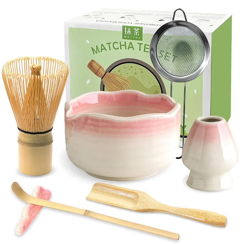 JBER Matcha Whisk Set, Ceramic Matcha Set Includes Bowl & Holder, Bamboo Whisk (Chasen), Sifter, Scoop, Spoon & Rest - 7PCS Matcha Kit Gift for Matcha Lovers & Beginners, Gradient Pink