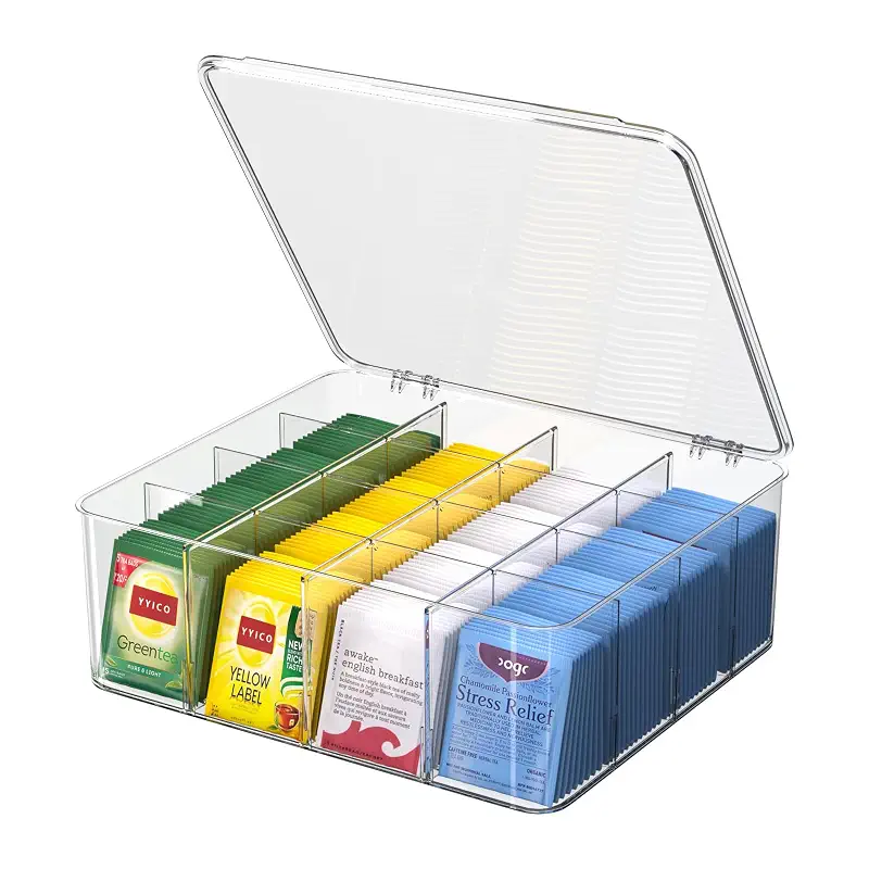 Tea Bags Organizer With Lid: Clear Tea Box For Tea Organizers And Storage | Adjustable Compartments, Extra Large Holds 240 Tea Bags, Stackable Tea Bag Holder For Pantry, Kitchen, Countertop, Cabinet