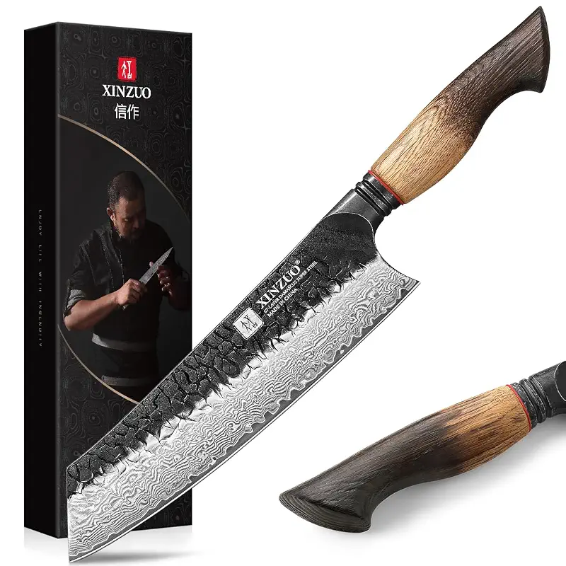 XINZUO 8.3 Inch Kiritsuke Chef Knife, Forged 67 Layers 10Cr15Comov High Carbon Damascus Steel Professional Kitchen Knife,Super Sharp，White Oak + Red G10 Gasket Handle