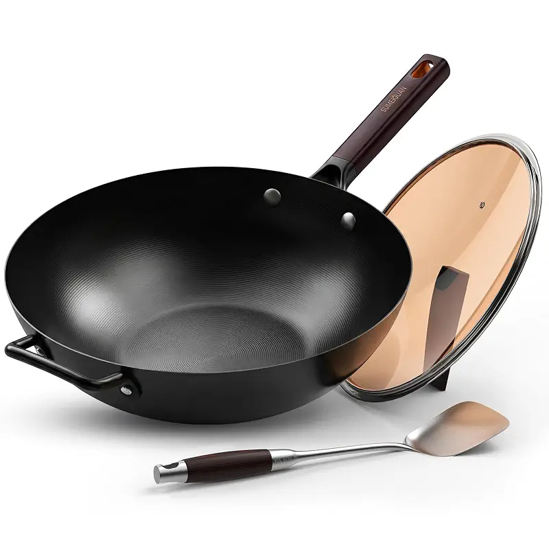 13.5" Pre-Seasoned Flat Bottom Carbon Steel Wok with Lid Spatula | Naturally Nonstick Woks & Stir-fry Pan, Black Traditional Chinese Cookware for Induction, Electric, Gas, Great for BBQ, Grill