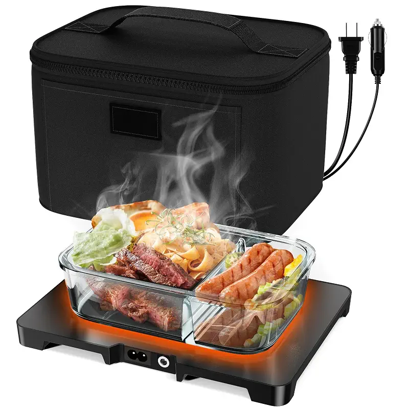 Portable Oven Electric Lunch Box Food Heater - 12V/24V/110V 3-in-1 Mini Food Warmer for Car & Truck, 1.8QT Large Capacity Heated Lunch Box for Work Office Travel - Microwave Alternative
