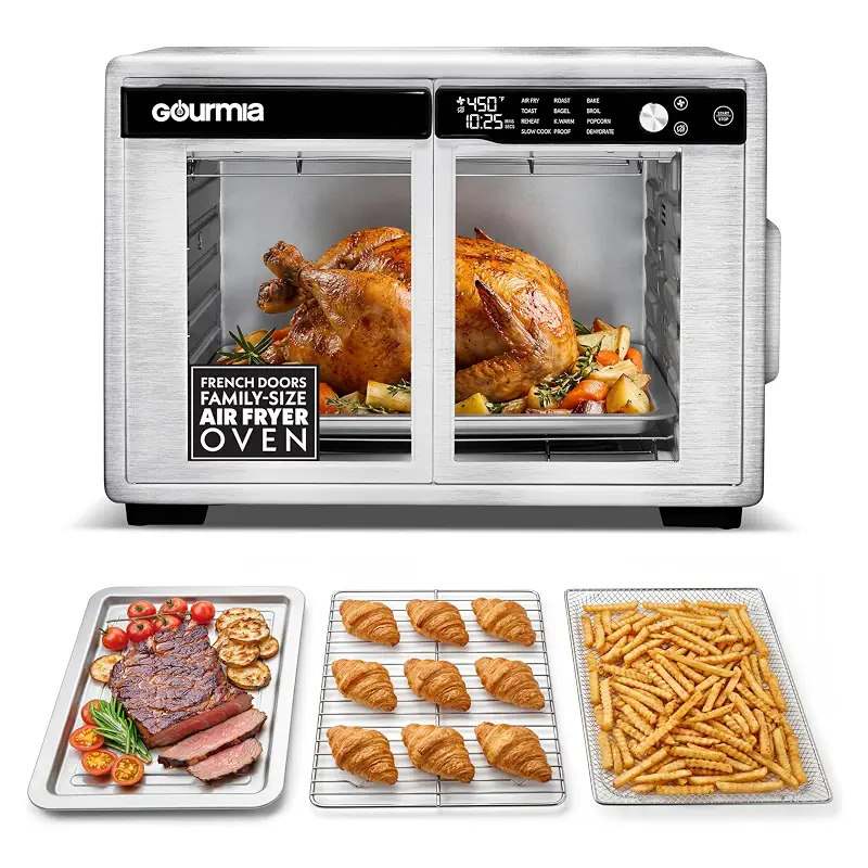 Gourmia French Door Air Fryer Oven - 37 Qt Large Capacity Convection Toaster Oven, FryForce 360°, Digital Display, 12 Cooking Presets, Dehydrate, Fits 13” Pizza, Dishwasher-Safe, Stainless Steel