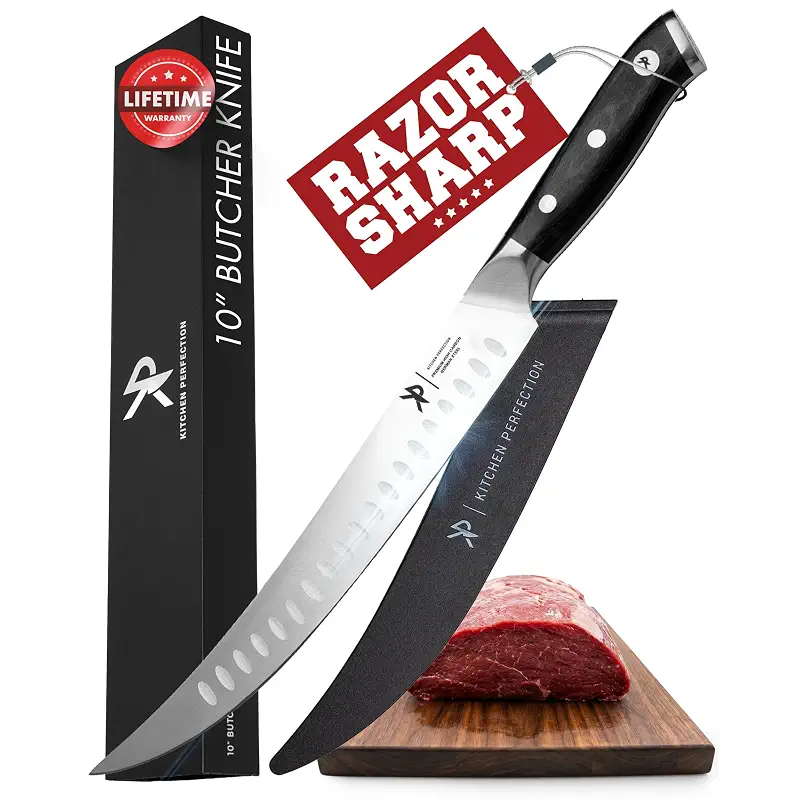 Kitchen perfection 10” Butcher Breaking Knife for Meat Cutting, BBQ Brisket | With Sheath, Ultra Sharp, Premium German Steel, Granton Edge, Full Tang Ergonomic Handle.Great Carving Slicing & Fillet Knife