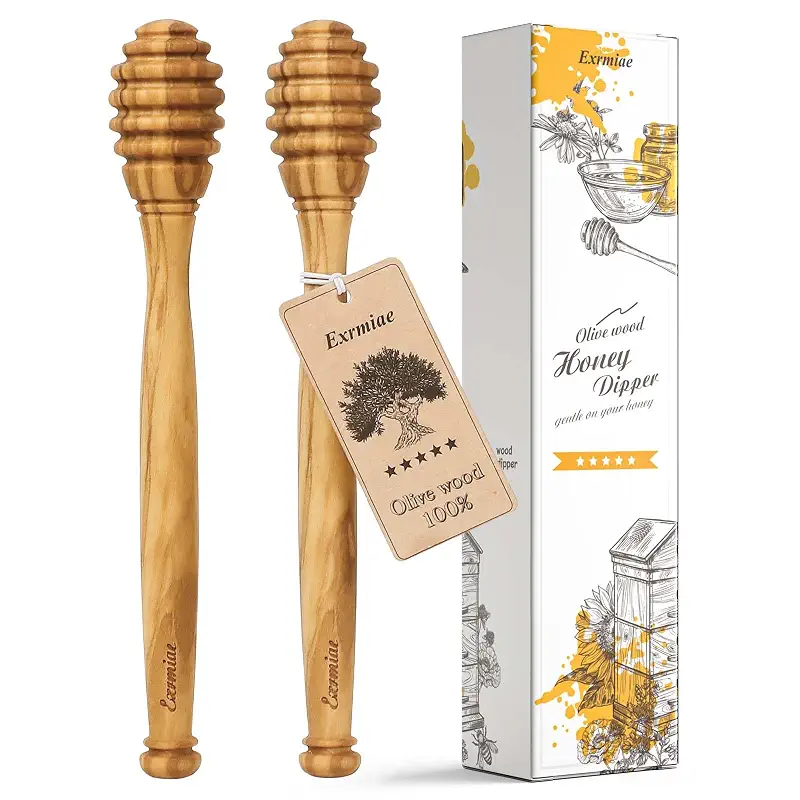 Olive Wood Honey Dipper/Stick Durable & Warp-Resistant, Preserves Honey Purity, 2pcs, 6.3 Inch