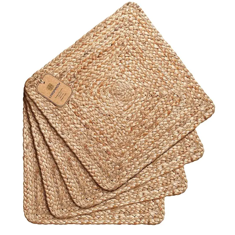 Jute Braided Placemats Set of 4 Reversible, 100% Jute, Nonslip 14x14 inch Square Farmhouse Vintage Jute Placemats for Dining Table, Perfect for Indoor Outdoor, Natural