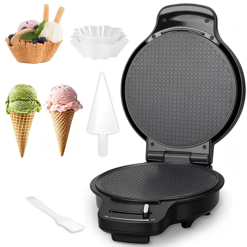 Baker's Friend Waffle Cone Maker Machine with Browning Control, 7.5” Ice Cream Cone Maker, Cone Roller & Bowl Press Included,Thin Waffle Maker Crispy, Nonstick Waffle Bowl Maker,Graphite