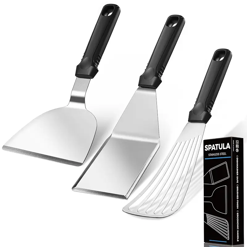 18/0 Stainless Steel Spatulas & 18/8 SS Fish Spatula, Silicone Non-slip Handle, Brushed Metal Spatula Set for Kitchen Use Cast Iron Skillet, BBQ Frying Griddle, Pack of 3
