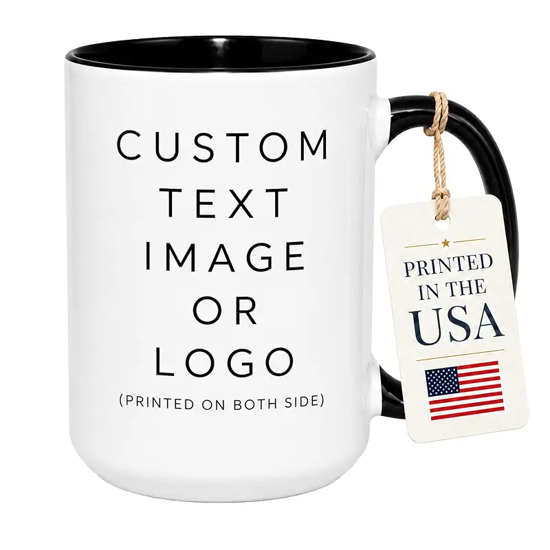 Personalized Coffee Mug 15oz Ceramic – Custom Photo, Text or Logo Cup | Double-Sided Print, Dishwasher & Microwave Safe | Gift for Thanksgiving, Mom Dad Teacher Friend Birthday Christmas (Black)