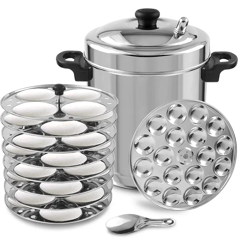KSJONE 8 Liter Large Stainless Steel Idli Cooker with Whistle Indicator, Food Grade 8 Idli Plates For Cooker, Electric Pot, Insta Pot - 8 Idli Plates & 1 Mini Idly Plates, Makes 32 Idlis
