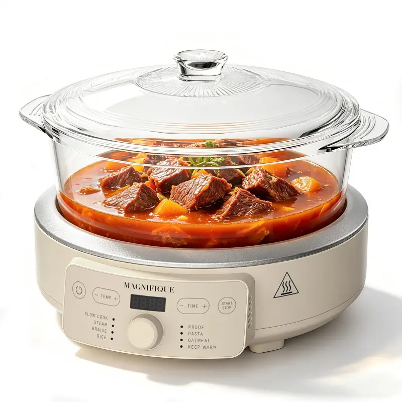 MAGNIFIQUE Slow Cooker, 4.5 Quart 8-in-1 Glass Pot Multi-Cooker, Non-Toxic Slow Cooker with Removable Borosilicate Glass Pot, for Rice, Pasta, Steam & Proof, Oatmeal