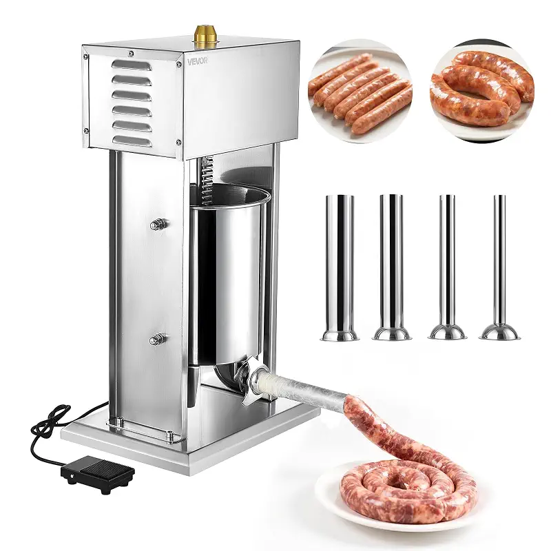 VEVOR Electric Sausage Stuffer, 22 LBS / 10 L Vertical Meat Stuffer, Stepless Speed Control and Foot Pedal, Stainless Steel Heavy Duty Sausage Filler with 4 Stuffing Tubes, for Commercial & Home Use | Heavy-Duty Stainless Steel Body with Stepless Speed, Foot Pedal and 4 Stuffing Tubes for Commercial and Home Sausage Making