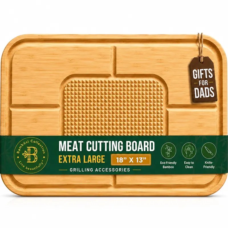 Meat Cutting Board - Extra Large Bamboo Carving Board, 18 x 13 Thick Butcher Block with Deep Juice Groove, Non Slip Center, Reversible Board for Steak, Brisket, Turkey, BBQ Prep Grilling Gifts for Men