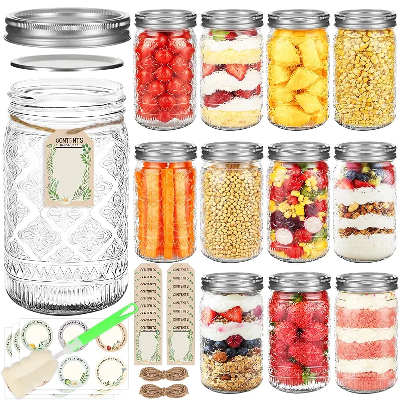 STARSIDE Wide Mouth Mason Jars 32oz, 12-Pack with Airtight Lids and Bands | Quart Glass Canning Jars for Pickling, Food Storage, Fermentation, Overnight Oats; Includes Rustic Stickers, Tags, Brush