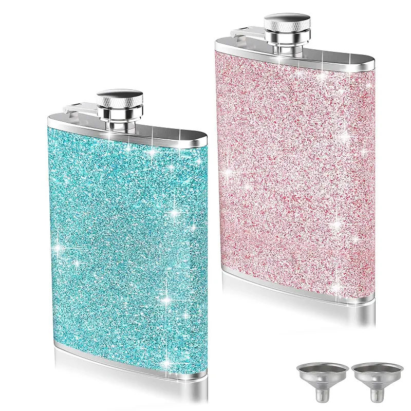 2-Pack 8 Oz Bling Hip Flasks for Liquor, Hianjoo Leakproof Stainless Steel Flasks with Funnel Pocket Flask for Women, Portable Metal Flask for Camping Activity Wedding Party Gift, Pink and Blue