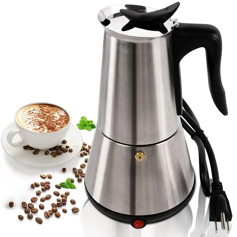 Stainless Steel Electric Moka Pot 6 Cup 300ml Express Coffee Maker | Espresso Portable Coffeemaker Italian Classic Brewing Greca Cafe Mocha with Removable Base and Overheating Protection 10oz