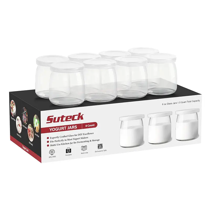 Suteck Yogurt Jars - 8 Count 6oz Small Glass Yogurt Cups With Lids, 100% BPA Free, Airtight & Dishwasher Safe! Perfect Containers for Yoghurt, Oatmeal, Pudding, or Jello