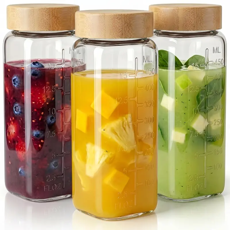 16 oz Square Glass Juice Bottles with Airtight Bamboo Lids, Reusable 3 Pack | Glass Drinking Bottles for Smoothies & Tea, Air Tight Juicing Jars for No Leak, Wide Mouth Easy to Fill & Clean