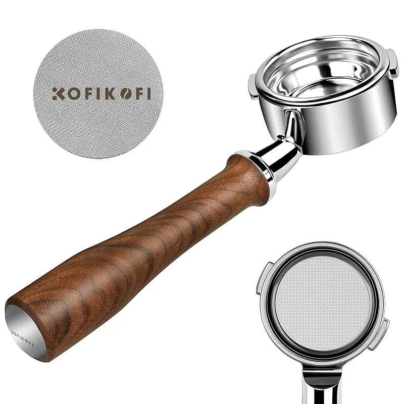 KOFIKOFI 58mm Bottomless Portafilter For Gaggia Classic - 2 Ears Walnut | Genuine American Walnut Handle Fits Gaggia Classic/Classic Pro/Evo Pro/Cubika Plus/Baby. 18g Filter Basket and Puck Screen