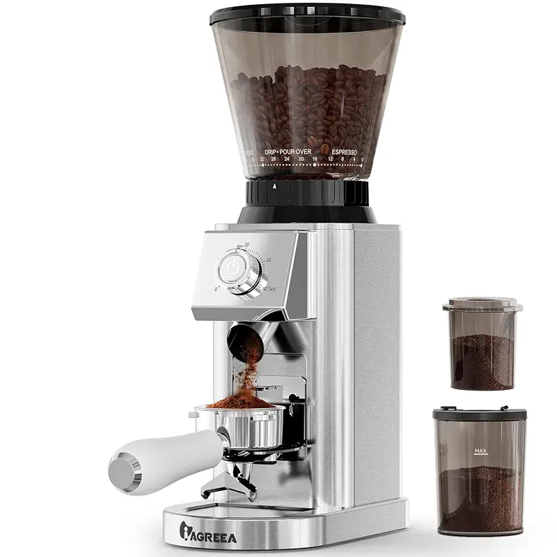 IAGREEA Coffee Grinder for Home Use, Conical Burr Espresso Grinder 48 Grind | 450RPM Low-Speed Anti-Static, Precision Timer For Drip, French Press, Cold Brew, No Mess, Metallic Silver