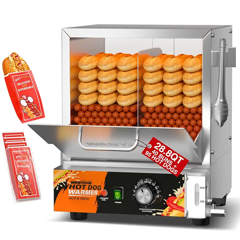 WantJoin Hot Dog Steamer Machine - 28.8QT Commercial Electric Hotdog Machine with Bun Warmer Tempered Glass Stainless Steel Steamer Machine for 95-105 Sausages and 30-40 Buns