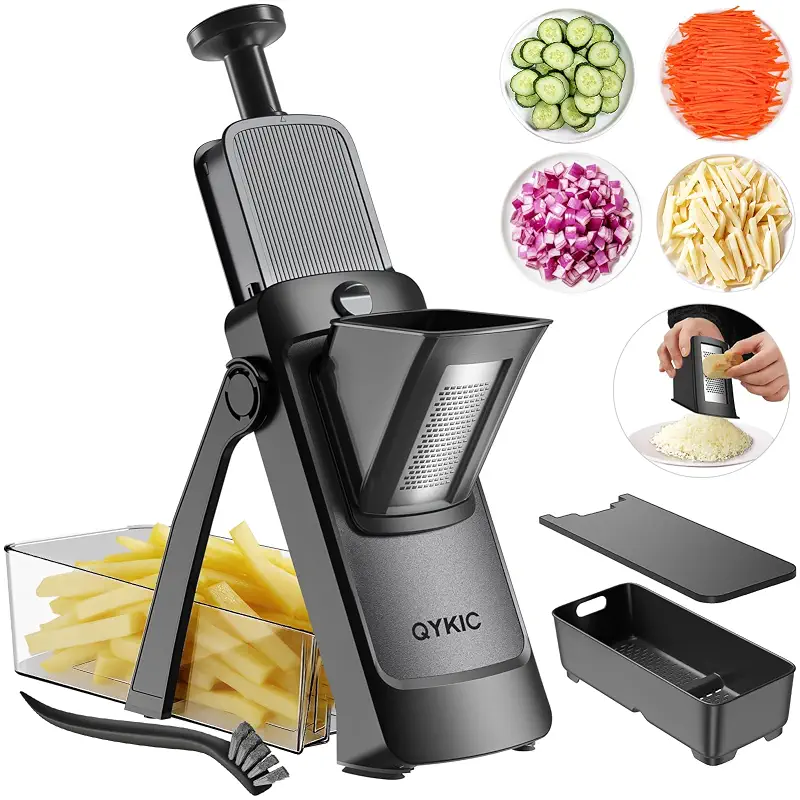 QYKIC Mandoline Slicer for Kitchen, Adjustable 0.1-8mm (S4 Black) | 0.1-8mm Adjustable Potato Slicer, Veggie Chopper Food Cutter, Julienne Dicer Large Chute Stainless Steel Blades, Gift