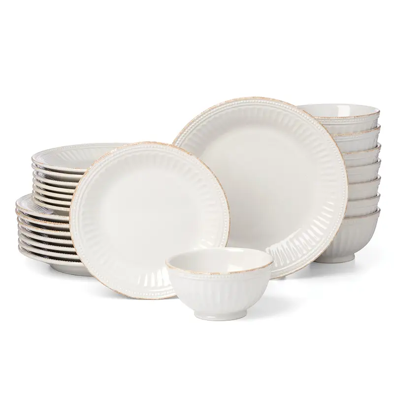 Lenox French Perle Groove White Stoneware 24-Piece Dinnerware Set for 8 | dishwasher safe | plates and bowls sets for kitchen and dining | 11 inch plate, dish set, dishes | 2.25 inch, 16oz