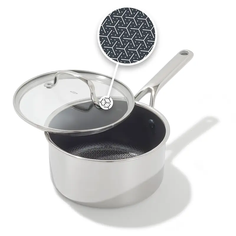 OXO Hybrid 2.5QT Nonstick Saucepan with Glass Lid, PFAS-Free Ceramic Chef Pot, Oven Safe to 850F, Induction & All Cooktop Compatible, Dishwasher Safe, Mirror Polished Tri-Ply
