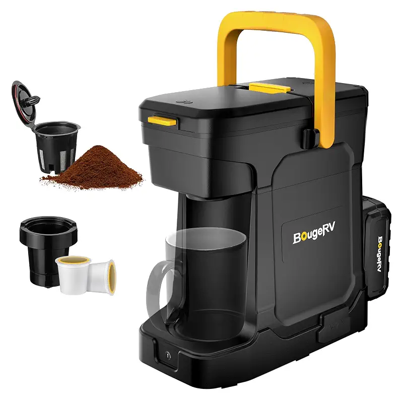 BougeRV 144Wh Portable Coffee Maker Compatible with K Cup & Ground Coffee | Portable Coffee Machine Cordless with 18V 8Ah Battery Powered AC/DC Power for Travel, Camping, Outdoor, Jobsite, RV, Home