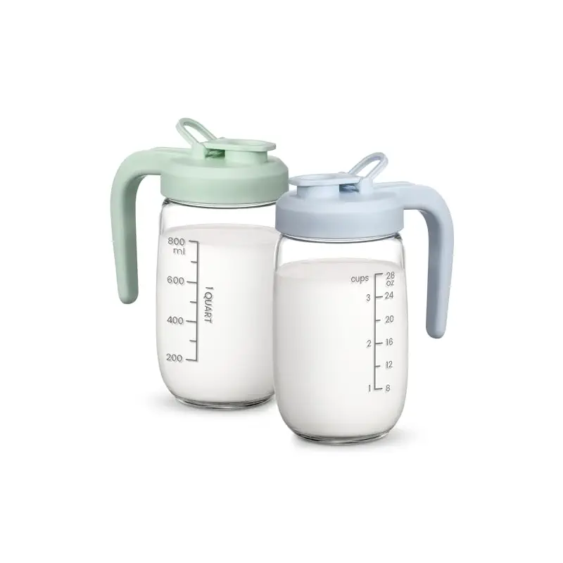 2 Pack Breast Milk Pitcher 32 OZ, Heat & Cold Resistant, Sudden Temperature Safe, Fast Baby Formula Maker with Wide Mouth, No Leak Glass Fridge Storage Container for Juice, Cold Brew-Blue, Green